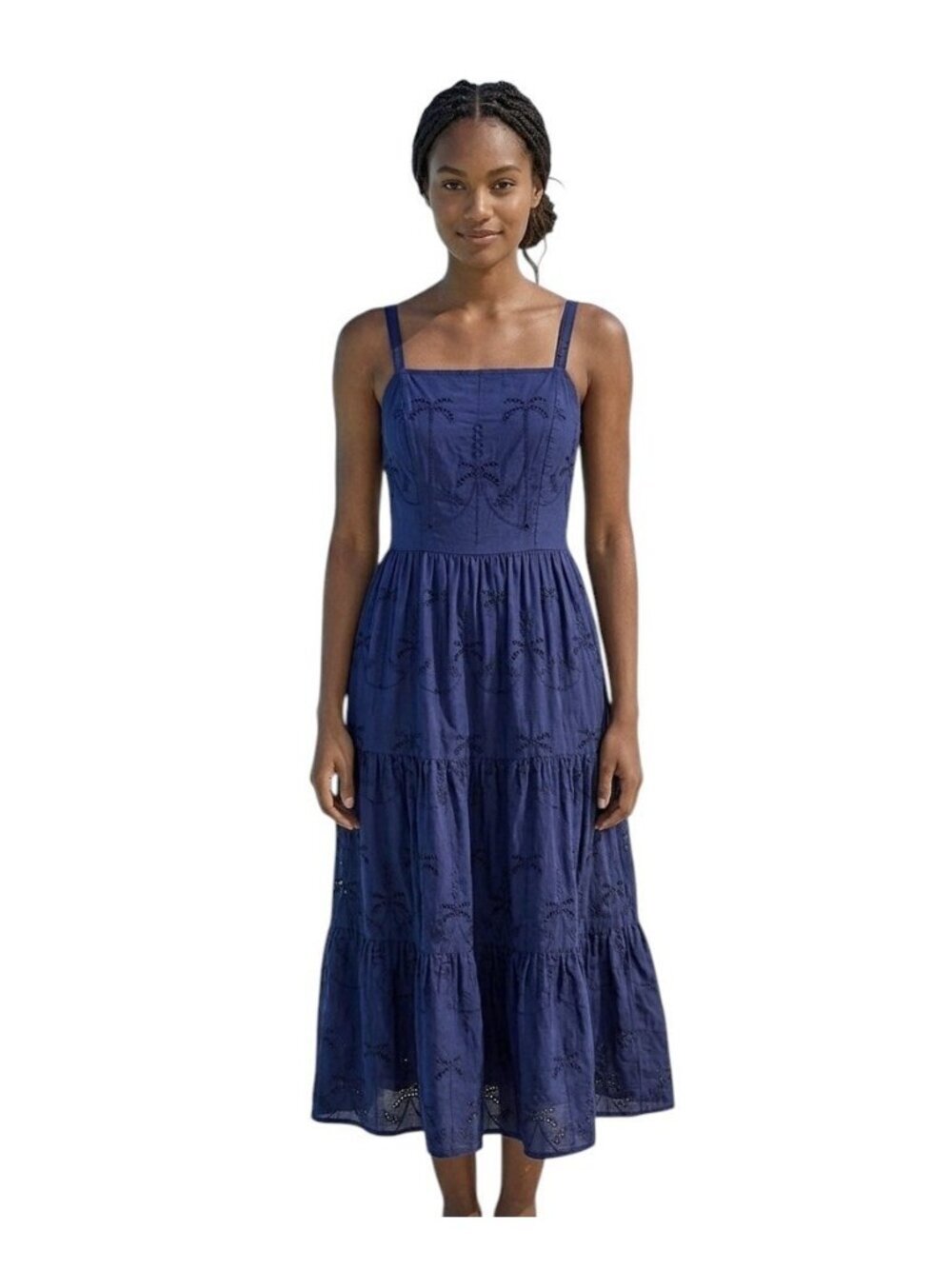LEA Navy Blue Palm Tree Eyelet Embroidery Tiered Midi Dress Womens Size XL Cotto